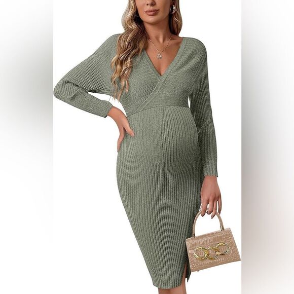 NWT- V-Neck Maternity ribbed Sweater Dress- Size Small - Picture 1 of 11